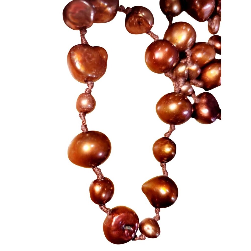 42" Long Baroque Pearl Necklace Ardent Chocolate Brown Hand Knotted - Picture 3 of 5